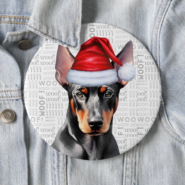 Holiday Doberman Santa Dog on Woof Background Knapp (In Situ)