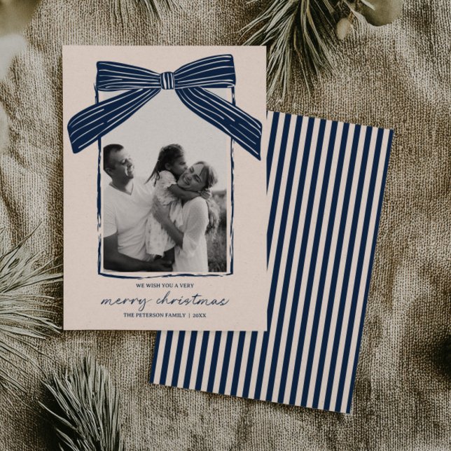 Holiday Family Photo Card Christmas Bow Stripe Julkort (Skapare uppladdad)