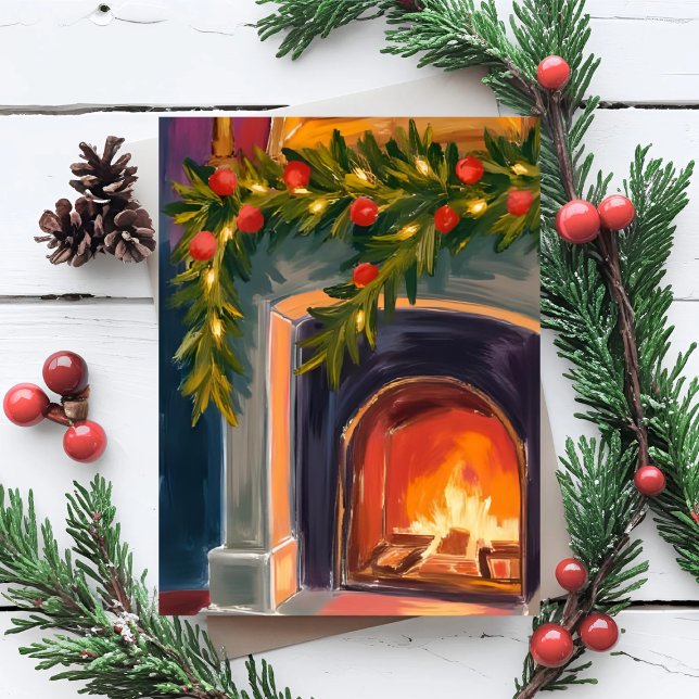 Holiday Fireplace | Christmas Garland Painted Card Julkort (Skapare uppladdad)