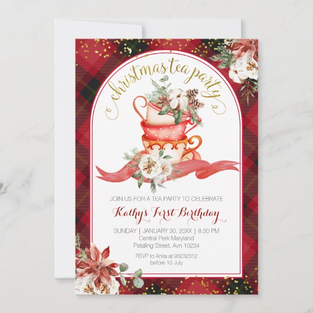 Holiday Floral Red Plaid Winter Birthday Tea Inbjudningar (Framsida)
