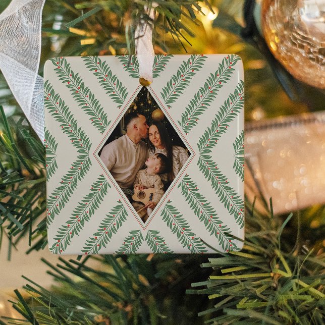 Holiday Foliage Quadrant Ivory and Green Julgransprydnad Keramik (Photo Ornament)