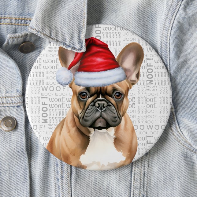 Holiday Frenchie Santa Dog on Woof Background Knapp (In Situ)