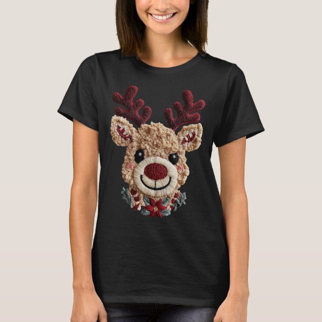 Holiday Fun - Red Nose Reindeer Faux Yarn T Shirt (Framsida)