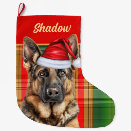 Holiday German Shepherd Plaid with Dog's Name Stor Julstrumpa