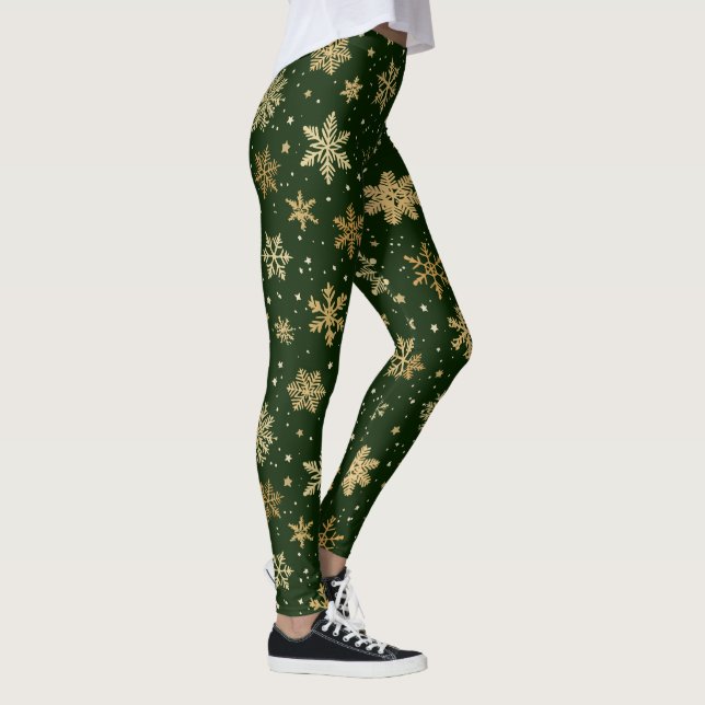 Holiday Green and Gold Snowflakes Leggings (Höger)