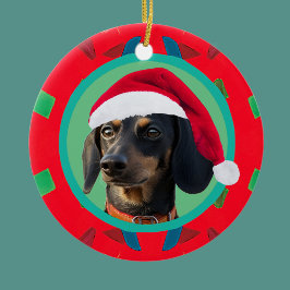 Holiday Green Red Your Dog or our Dachshund Photo Julgransprydnad Keramik