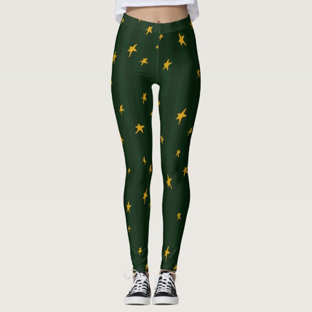 Holiday Green Yellow Stripe Star Christmas  Leggings (Framsida)