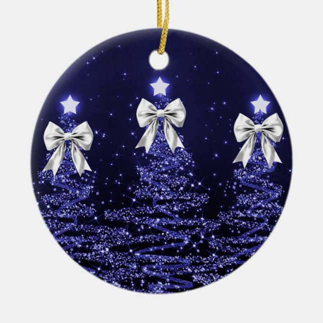 Holiday Greeting Navy Blue Christmas Trees Silver Julgransprydnad Keramik (Framsidan)