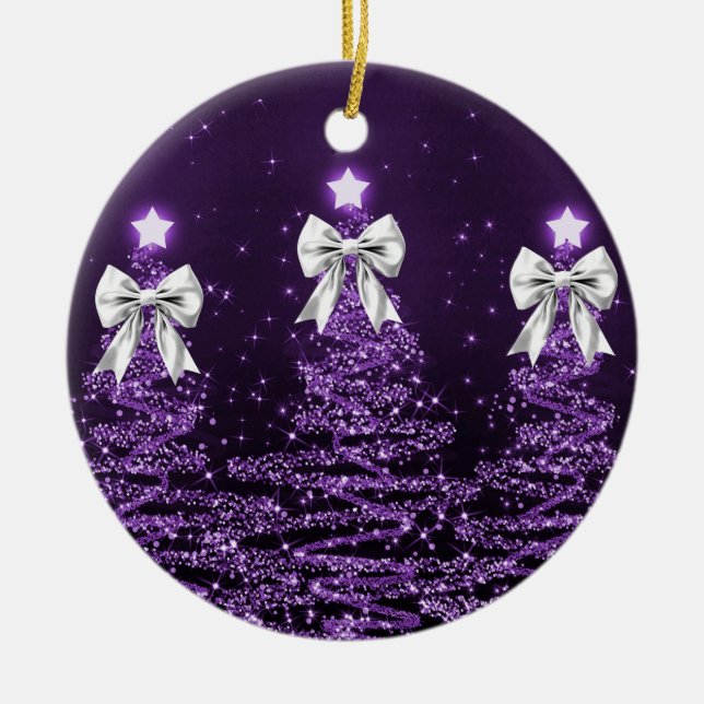Holiday Greeting Purple Christmas Trees Silver Julgransprydnad Keramik (Framsidan)