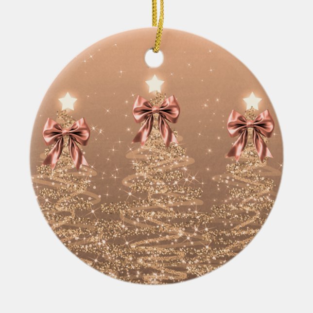 Holiday Greeting Rose Gold Christmas Trees Bows Julgransprydnad Keramik (Framsidan)