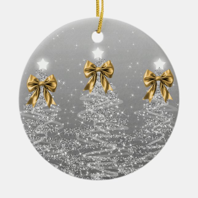 Holiday Greeting Silver Christmas Trees Gold Bows Julgransprydnad Keramik (Framsidan)