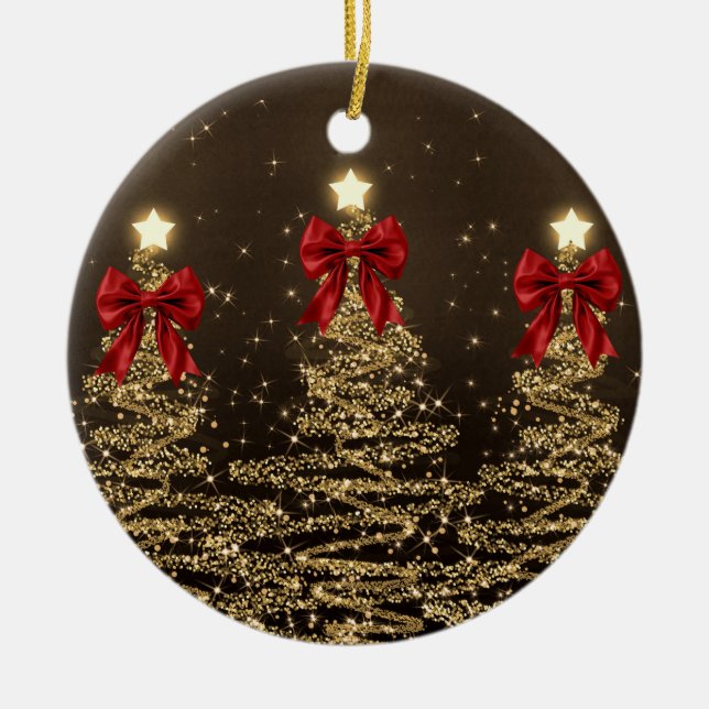 Holiday Greetings Gold Christmas Trees w/ Red Bows Julgransprydnad Keramik (Framsidan)