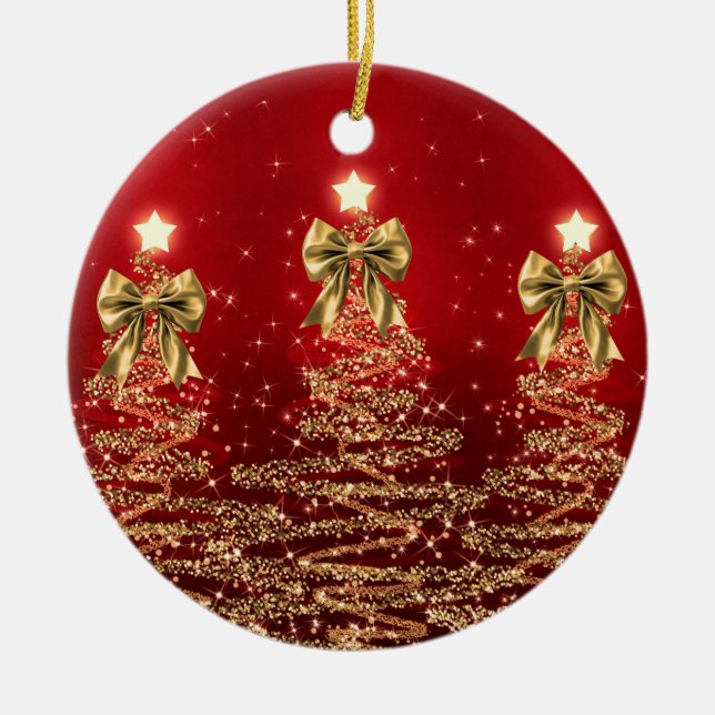 Holiday Greetings Gold Red Christmas Trees w/ Bows Julgransprydnad Keramik (Framsidan)