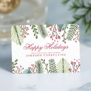 Holiday Greetings Watercolor Holly Foliage Julkort