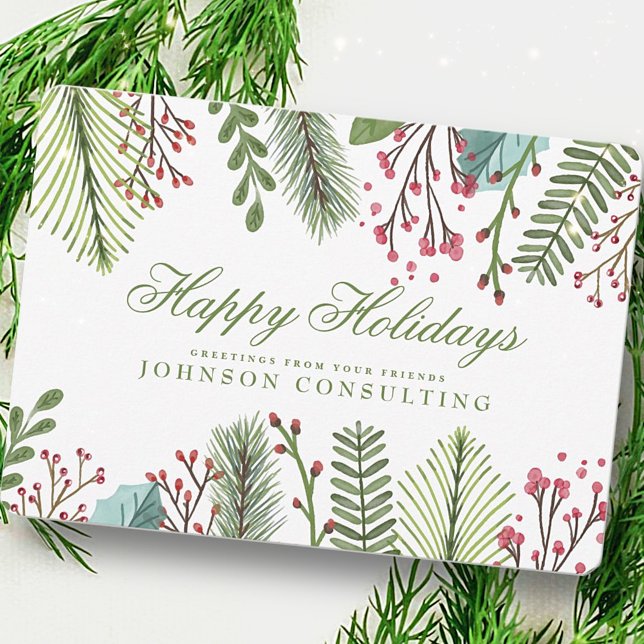 Holiday Greetings Watercolor Holly Foliage Julkort (Skapare uppladdad)