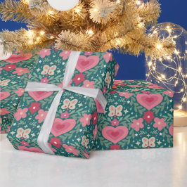 Holiday Hearts & Flowers – Mjuk Röd, Grön & Guld Presentpapper