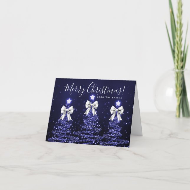 Holiday Navy Blue Christmas Trees Greeting Silver  Helgkort (Framsida)