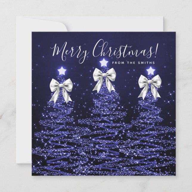 Holiday Navy Blue Christmas Trees Greeting Silver  Julkort (Framsida)