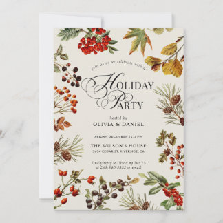 Holiday Party Botanical Plants Berries Script Inbjudningar