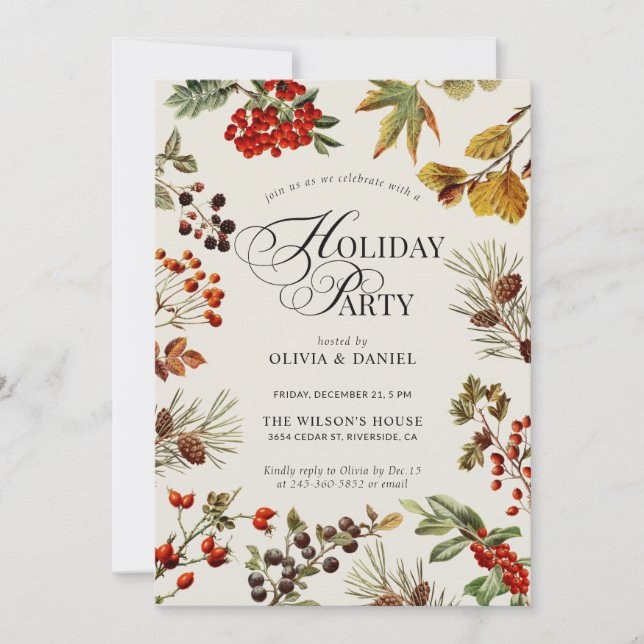 Holiday Party Botanical Plants Berries Script Inbjudningar (Framsida)