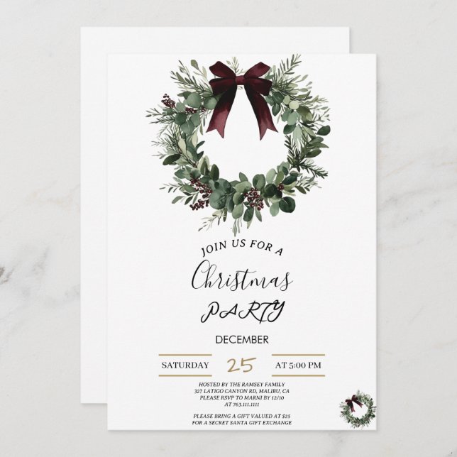 Holiday Party Invitation Elegant Christmas Wreath Inbjudningar (Fram/baksida)