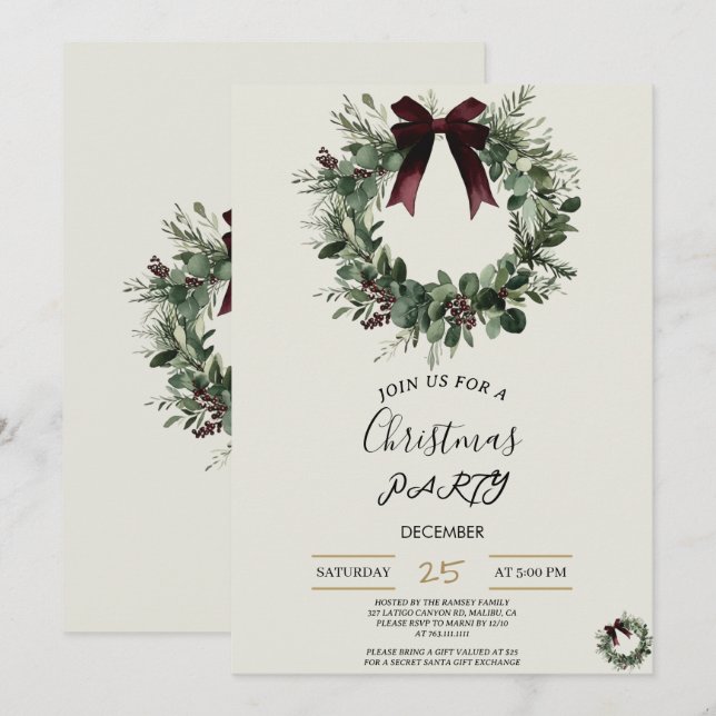 Holiday Party Invitation Elegant Christmas Wreath Inbjudningar (Fram/baksida)