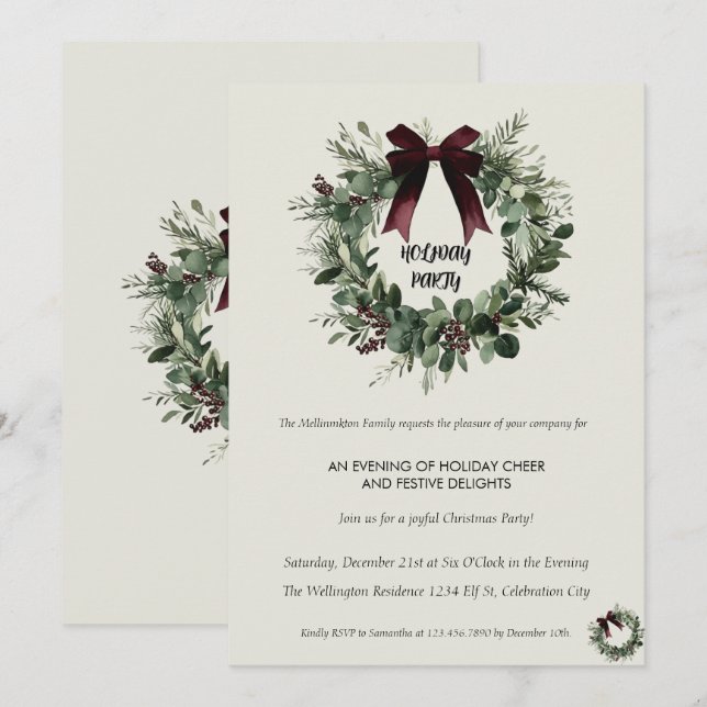 Holiday Party Invitation Elegant Christmas Wreath Inbjudningar (Fram/baksida)