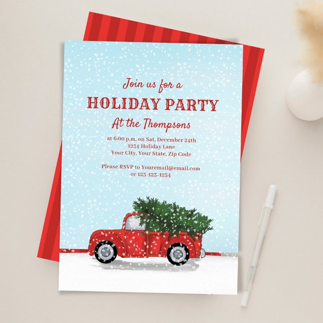 Holiday Party Red Truck Classic Custom Inbjudningar (Red rustic truck custom Holiday party invitations.)