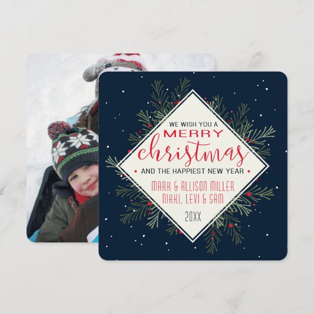 Holiday Pine & Midnight Snow | Fotokort Inbjudningar (Fram/baksida)