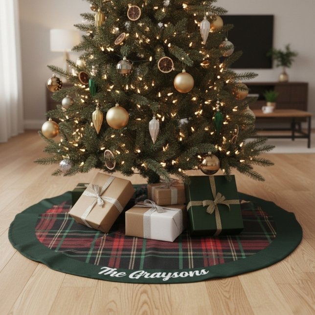 Holiday Plaid Personalized Christmas Tree Skirt Julgransmatta Fusklinne (Holiday Plaid Personalized Christmas Tree Skirt)