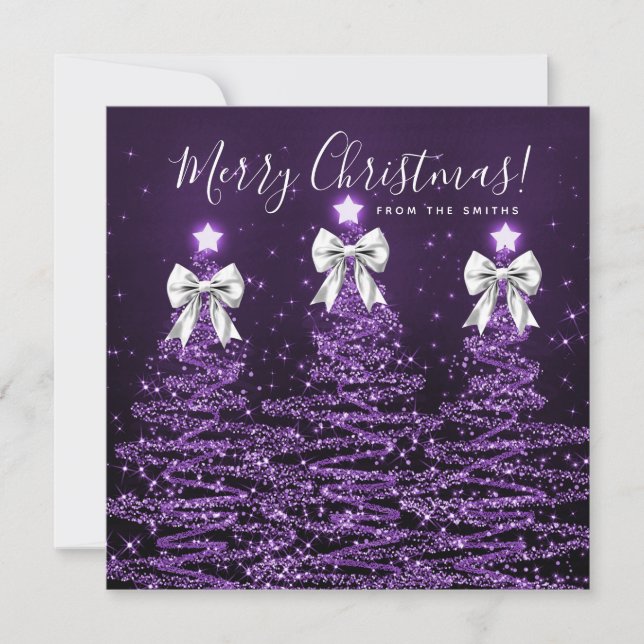Holiday Purple Christmas Trees Greeting Silver  Julkort (Framsida)