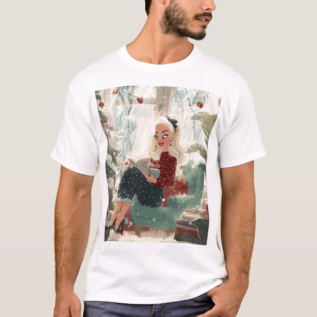 Holiday Reading Glow – Cozy Christmas Retreat T Shirt (Framsida)