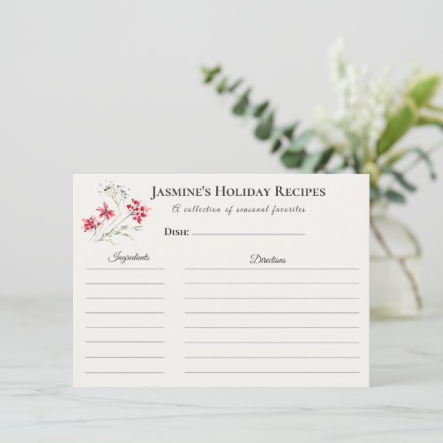 Holiday Recipe Card – Personalized Winter Floral D Meddelande (Stående Fram)