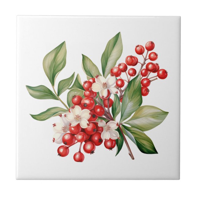 Holiday Red Berries Floral Ceramic Tile Kakelplatta (Framsidan)