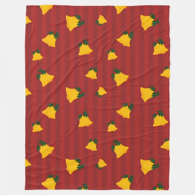 Holiday Red Gold Stripe Bells Christmas Fleecefilt (Framsidan)
