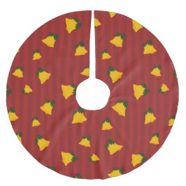 Holiday Red Gold Stripe Bells Christmas Julgransmatta Borstad Polyester