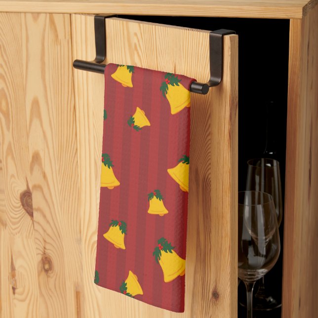 Holiday Red Gold Stripe Bells Christmas Kökshandduk (Thirds Fold)