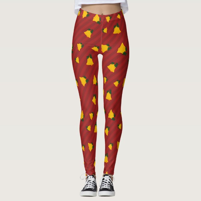 Holiday Red Gold Stripe Bells Christmas Leggings (Framsida)