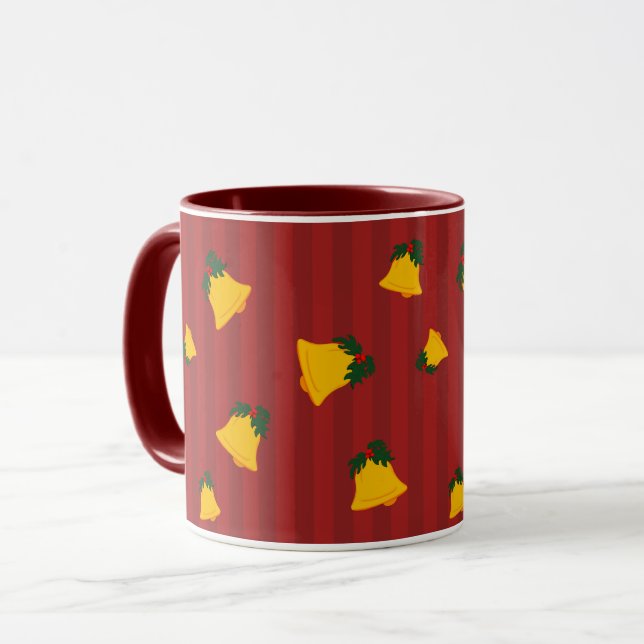 Holiday Red Gold Stripe Bells Christmas Mugg (Framsida vänster)