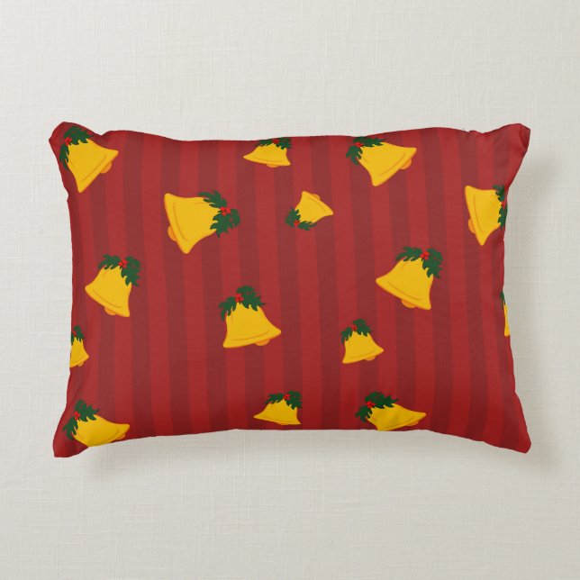 Holiday Red Gold Stripe Bells Christmas Prydnadskudde (Framsidan)