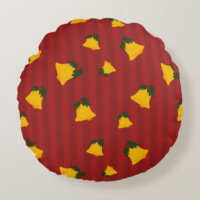 Holiday Red Gold Stripe Bells Christmas Rund Kudde (Framsidan)