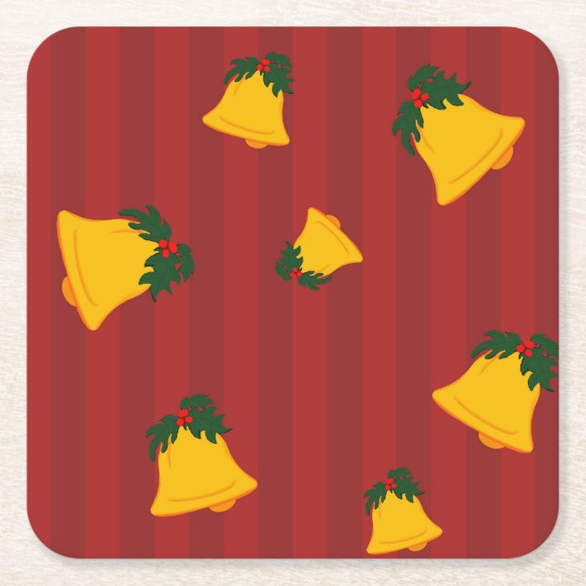 Holiday Red Gold Stripe Bells Christmas Underlägg Papper Kvadrat (Framsidan)