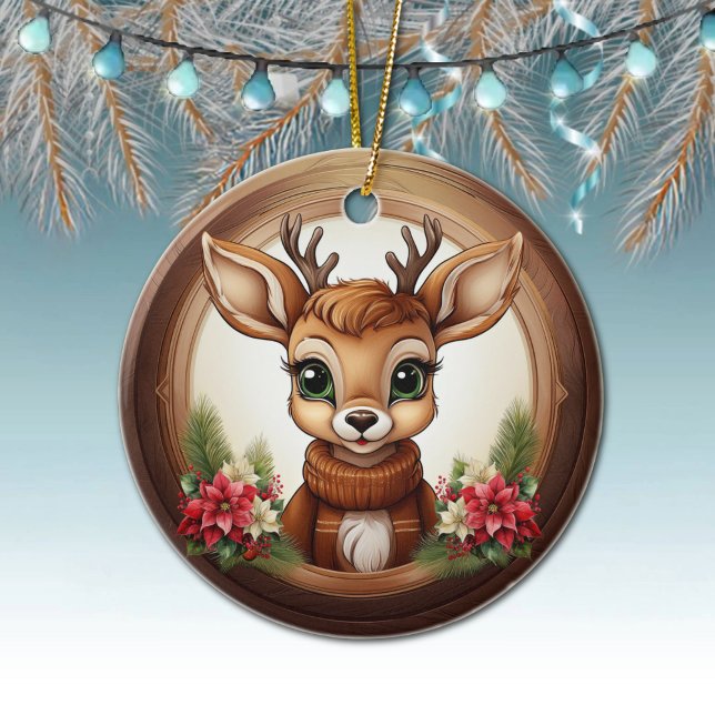 Holiday Reindeer Festive poinsettia flower 🦌🎄 Julgransprydnad Keramik (Holiday Reindeer Festive poinsettia flower Ceramic Ornament Cute Winter Woodland Wildlife Deer 🦌🎄)