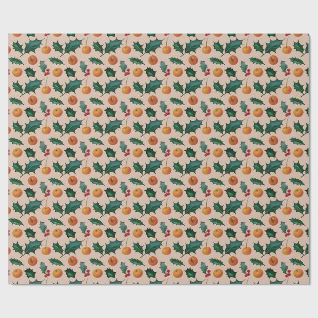 Holiday Wrapping Paper with Fruit & Holly, Pink Presentpapper (Platt)