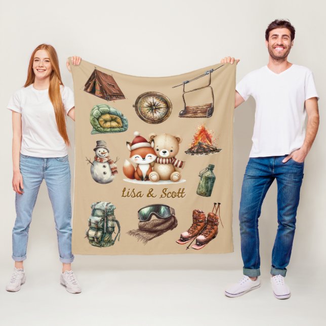 Holiday Xmas Couple Adventure Teddy Bear Fox Beige Fleecefilt (På plats)