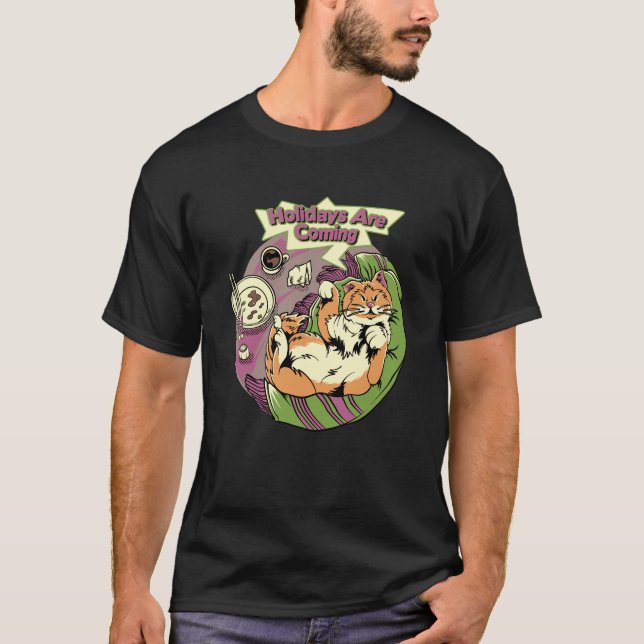 Holidays Are Coming (Lazy Cat) T Shirt (Framsida)