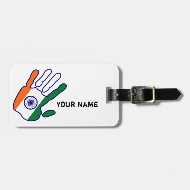 holiES - India Flagga Hand + ditt namn Bagagebricka (Horisontell Framsida)