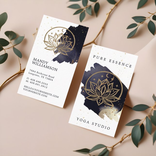 Holistic Celestial Måne & Lotus Mörk Bläck Monogra Visitkort (Holistic Celestial Moon & Lotus Dark Ink Monogram Business Card)