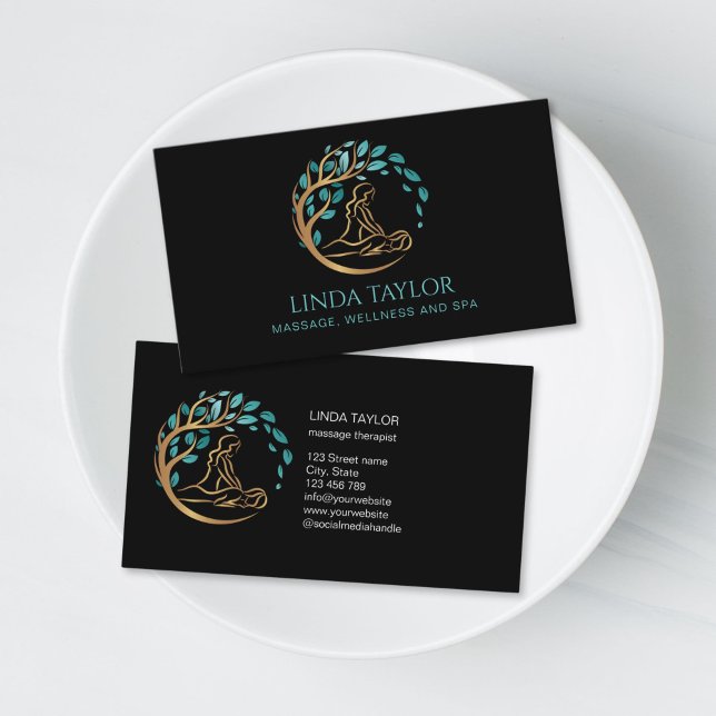 Holistic Massage Therapist Wellness Spa Visitkort (massage therapist logo with golden tree business card)