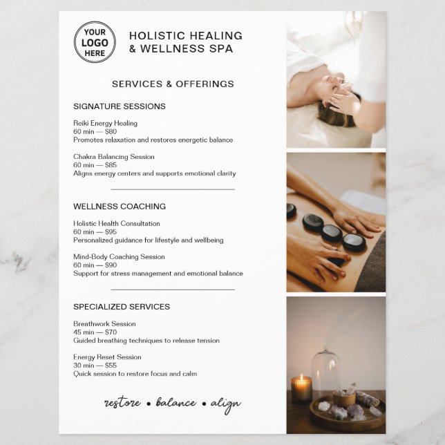 Holistic Wellness Services Menu Logo Photo QR Reklamblad (Framsidan)
